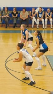 The Vikings lost to the Barnum Bombers on September 30, but bounced back to defeat North Shore rival Silver Bay Mariners at home on Tuesday, October 5. Clockwise from upper left: Dig! Bekah Laky shows how it is done. Teamwork in action—Bekah Laky, Ashley Deschampe and Chelsea Sorenson prepare for the return. Kristina Rude tips the ball over the net. “Rudi” led the Vikings with 17 digs and 4 set assists.