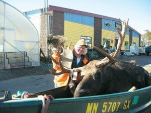 Lynetta Houglum has tried to get a license to hunt moose in Cook County since 1978. This year she and her husband, Sheldon, finally had their name pulled in the Minnesota DNR lottery and, as luck would have it, got their moose. This big fellow had a rack of 48 inches. The Houglums were hunting in the South Shore area of Devil Track Lake. Lynetta and Sheldon shot the moose at 300 yards. 