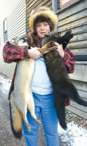 Jean Brune of Grand Marais, who makes magnificent hats out of local fur-bearing animals, stopped by the Cook County News-Herald office this week with a trapping report. Things are going well, said Jean, who showed off the gray fox and fisher that she and her partner, Grant Smith, caught this week. There is a very limited season for fisher—only nine days, from November 27 to December 5—so Brune was very happy to trap one that can be made into a beautiful hat. The one she is wearing was made from a cross-fox, the result of breeding of a gray and a red fox. For information on trapping, contact the Grand Marais Minnesota Department of Natural Resources wildlife office at (218) 387-3034.