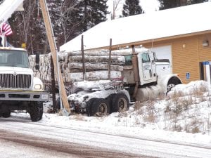 This fully loaded logging truck jack-knifed on the Caribou Trail on Saturday, December 4, hitting a power pole next to the Lutsen Fire Hall. Arrowhead Electric line crews were called to right the pole. No one was hurt in the accident.