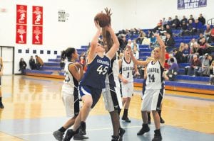 Kaitlynn Linnell went up for a two point shot against Albrook last Tuesday night. Although she didn’t score on this play, her scrappy play contributed to the Vikings 69-31 win over the Falcons.