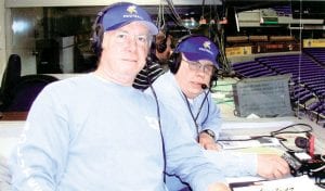 Dick Dorr (front) and Norman Moe are back in the booth! Listen to WTIP for play-by-play coverage of Cook County Vikings' girls' and boys' basketball games.