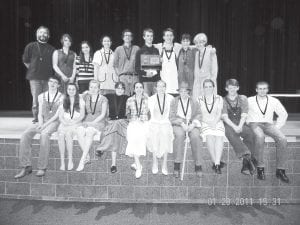 Celebrating their well-deserved first place finish at the One Act Play subsection competition for their compelling adaptation of The Lottery are (L-R, front) Hayden Goettl, Ashley Berglund, Twyla Pedersen, Aliya Marxen, Ashley Ross, Elizabeth Morrison, Sarah Warren, Katrina Axtell, Zack Twiest, Jesse Johnson. (L-R, back) Michael McHugh, Rachel Todd, Sophie Holz, Sarah Larsen, Will Brandenburg, Sebastian Schnobrich, Reid Shepard, Jordyn Kirk, Mara MacDonell.