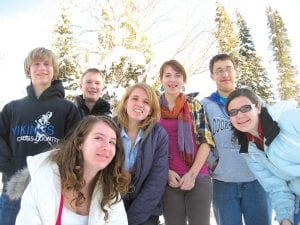 The Cook County High School varsity Knowledge Bowl teams—older students, tougher questions! (L-R) Ben Seaton, Audrey Summers (front) Kieran Scannell, Katrina Axtell, Mara Mac- Donell, Daniel Ditmanson, Sarah Larsen (front).