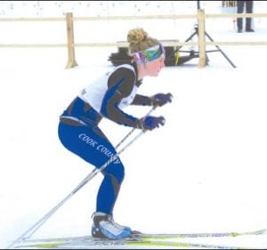 The Cook County Nordic Vikings raced in two very different events last week, at the Marshall Sprints and the Duluth East Invite. Above: Shelby Ahrendt finished 14th in the first round and skied her way into the quarterfinals at the Marshall Sprints. Above right: At the Marshall Sprints, Kieran Scannell placed 9th in the first round, advancing through three heats and ending strong in the semifinal race.