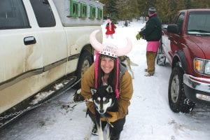 Pink Viking musher Dayna Galligher gets ready for the fun run.