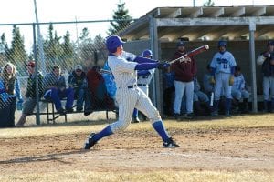 Colin Everson, being the good Viking player he is, swings a Thor-like bat. When he connects, it’s nothing but thunder and lightning! Right: Mike Sjogren is just one of several fine pitchers the Vikings will employ this season. It will be nice when it warms up and the pitchers can get their arms loose.