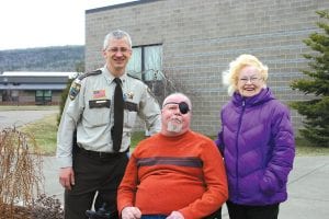 Deputy Lunde said thank you to Richard Smith of Grand Marais for talking to the DARE students about his painful experience with drugs. (L-R) Lunde, Richard Smith, and his mother, Yvonne Smith.