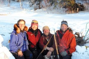 (L-R) Ellen Root, Amy and Dave Freeman, and Van Conrad, recently completed a 900-mile dogsled trip through northern Canada as part of the Freeman’s North American Odyssey project. The foursome uses the outdoors as their classroom. They stopped at villages and towns along the way and gave presentations and dogsled rides to kids and villagers, and gave updates online to as many as 70,000 students worldwide that follow them on the Internet.