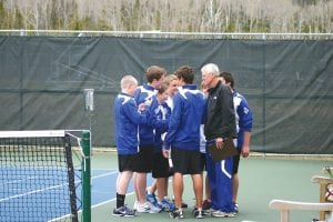 Head Coach John Muus gathers his team around him as they prepare for their section match against the Marshall Hilltoppers. The Vikings lost 6-1, but picked up valuable experience for next year. No one graduates off of this year’s team and many of the members are blessed with a lot of skill for their ages and should be a force to reckon with in the coming years. Only Junior David Bergstrom advanced to the Section finals, where he is ranked first at the No. 1 singles position.