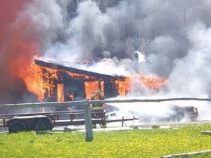 A car fire quickly grew and spread to a nearby cabin at 4700 North Road in Hovland on Friday, May 27. The Hovland and Colvill Fire Departments responded, but the cabin was already ablaze when they arrived. Fortunately the occupants, Ben and Corrie Steckelberg and their 15-monthold son, Wilhelm, were not injured.