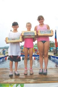 Three members of the North Shore Rollers team placed first in their age groups at the Minnesota State Logrolling/Speed Birling and Boom Running Championship held in Grand Marais during Fisherman’s Picnic. From left, DominicW ilson, Lucy Shaw and Wellesley Howard-Larsen.