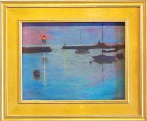 Nocturne – Grand Marais Harbor by Michelle Wegler of Duluth captures the serenity of the Grand Marais harbor at night. Wegler’s painting earned first place in the Plein Air Night Paint category.