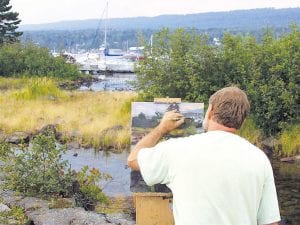 David Gilsvik of Two Harbors selected sailboats next to the Coast Guard Station for one of his Plein Air pieces. An exhibition sale of the Plein Air paintings is on display at the Johnson Heritage Post in Grand Marais until September 25.