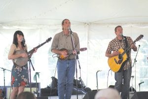 Unnamed Stream was one of many local bands to impress audiences at the fourth annual Radio Waves Music Festival in the Grand Marais Recreation Area Saturday and Sunday, September 11 and 12, 2011. Some groups were made up of new combinations of local musicians who have previously been in other bands with other names. (L-R) Barbara Jean Johnson, Bump Blomberg, and Eric Frost. They were playing with Jessa Frost and Bill Hansen.