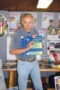 Al Lipke, educator for the University of Minnesota’s underground particle physics lab in Soudan, Minnesota, was at the Sugarloaf Interpretive Center in Schroeder on July 16, 2011 to lecture on the lab’s projects. He talked about particle beams being shot from Fermilab, west of Chicago. Even though the beams go 450 miles straight through the ground, they usually hit nothing along the way because most of what looks like solid material is actually empty space.