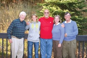 Taking home first place in the Mixed Division were (L-R) George “Bub” Nelson, his granddaughter Jennifer Kack and Anne and Rob Wight. They too got to pose with former Viking Paul Krause (center) at the “19th hole” at Lutsen Resort.