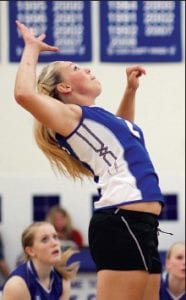 Ali Iverson is having a great year in the front court. Here she goes up to spike the ball against recent foe Barnum.