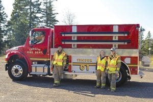 Lutsen firefighters got to try out the department’s new tactical tender during emergency vehicle operations training on Saturday, October 22. The driving obstacle course was set up at the overflow parking area at Lutsen Mountains. Some of the firefighters attending the emergency vehicle operations training were Paul Nordlund (in the driver’s seat), Ben Belland, Louise Abelon, and Larry McNeally. They are pictured with the new fire truck—Tender 01.