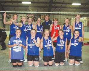 The eighth-grade Vikings volleyball team earned 1st place in the tournament in Carlton on October 1. (L-R, front) MaeAnna LaFavor, Madison Roy, Shae Morawitz, Natassja Sheils, Trace McQuatters. (L-R, back) Lindy Sutton, Shauna Blake, Alex Slanga, Bethany Derscheid, Coach Kelly Roberts, Sara Carman, Jordyn Deschampe and Emma Kroska.