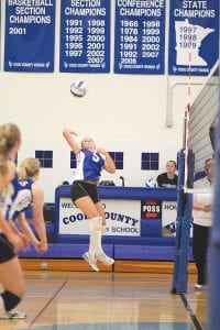 Ashley Deschampe had numerous “kills” in the match against Cherry. Here, in a previous match, Ashley shows off her form as she goes up to spike a ball. The Vikes lost the last game 15-13 to the Cherry Tigers to end their season.