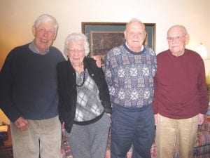 Willard Nelson’s 97th birthday party was a gathering of old friends with many shared experiences. (L-R) George “Bub” Nelson, Lucille “Lu” Pettijohn, Leonard Goodell, and Willard Nelson.