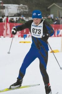 Levi Axtell shows his determination as he poles and skates hard to the finish line. Levi placed 27th at the Two Harbors Invitational meet held at Coleraine on January 3.