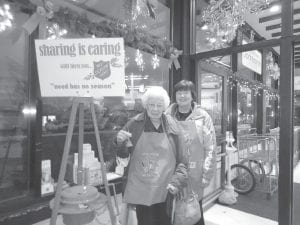 Folks of all ages understand that “need has no season.” The mostsenior bell-ringer for the Salvation Army Red Kettle campaign in 2011 was Lou Pettijohn of Grand Marais, who took a turn at ringing the bell along with Joyce Heiskari.