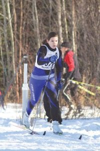 Above left: Sarah Larsen placed 26th in her first race ever. Way to go, Sarah! Above right: Cailan Carpenter finished one spot ahead of Sarah at the race held on the Pincushion trail system. It was a warm day and skiers had tough skiing conditions.