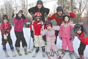 The Lutsen junior Alpine team has a great time at practice! (L-R) Riley Goettl, Ella Sporn, Cayden Zimmer, Kalina Dimitrova, Genevieve Silence, Sol Nies. (Back) Coaches Mike Swindlehurst and Wade Ingram.