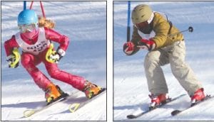 Above left: Team veteran Sela Backstrom propels herself through the course. Above right: Ian Kurschner has been having a blast at practice. He enjoyed his first Alpine race.