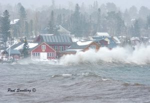 Although it looks like a furious Lake Superior is washing away the North House Folk School, that is not the case. After the February 29 storm died down, all of Grand Marais was still standing. The storm was fierce, but beautiful.