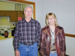 Doug Schwecke and Deb Johnson were all smiles after being elected Schroeder Township’s new clerk and supervisor, respectively, at the Tues- day, March 13, 2012 township elections.