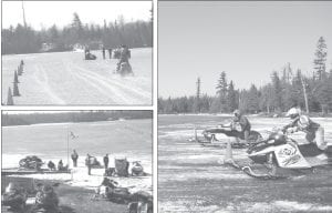 Preparing for their final event of the year, snowmobile drag races on Poplar Lake on Saturday, March 17, the Cook County Ridge Riders didn’t know if it would be a race on snow, ice, or a water-skipping event. It turned out to be a race on ice with some slush for good measure. Snowmobilers were up for the challenge. Upper left: Participants check out the race course. Lower left: Bystanders sunned themselves in lawn chairs on shore and on the deck of Windigo Lodge. Right: Racers concentrate on the starting lights.