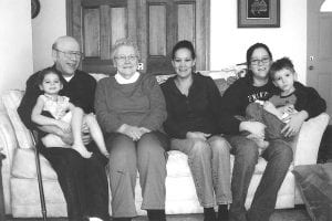 Rose Goble of Grand Marais traveled to Watertown, South Dakota recently to visit family. While there, family members gathered for a five-generation photo. (L-R) Greatgrandfather James Goble holding, Kilie Raml, both of Watertown; great-greatgrandmother Rose Mary Goble of Grand Marais; grandmother Becky Nelson of Watertown; and Amanda Raml holding Malickye Raml, also of Watertown.