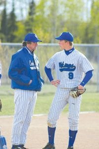 Head Coach Arleigh Jorgenson discusses pitching strategy with Dylan Quaife. Quaife is a senior this year and will be counted on to give the team plenty of quality starts. The team has a nice mix of older and younger players but lacks depth. Still, Jorgenson expects his team to do well in the tough Polar League conference.