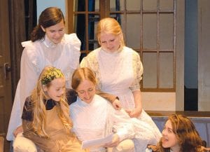 Letter from father! The cast of Little Women delights at receiving a letter from Mr. March. (L-R, front) Linnea Henrikson, Amy Henrikson, Mara MacDonell. (L-R, back) Sarah Larsen and Cailin Carpenter.