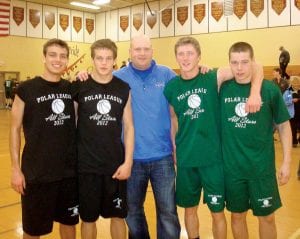 Four Cook County Viking basketball players were selected to play in the Polar League All-Star game. Pictured here in their All Star jerseys are (L-R) David Bergstrom, Kale Boomer, CCHS Head Coach Mitch Dorr, Dylan Quaife and Colin Everson. The boys only lost two games this season to post the second best regular season record ever for a Viking boys’ team. In addition to their fine play on the court, the Vikings were also crowned Academic Section Champions. Overall the team had a 3.51 grade point average.