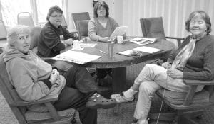 Above: The Word Weavers Group meets at the Senior Center the fourth Monday of each month at 10 a.m. If you enjoy creative writing of any type or skill level, you are welcome. Come share your stories, poetry or memoirs. (L-R) Irene Laine, Renette Pearse, Nancye Belding and Marcy Podas. Left: The Pincushion Quilters Group meets at the Senior Center on the first and third Thursdays each month at 10 a.m. Anyone, any age or skill is welcome. Pictured here are Donna Wielinski, Peg Birse, Doreen Brown and Jean Bushman.