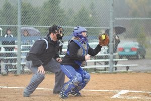 Maddy Roy did a great job catching in the Barnum game. The ball was wet and slippery and the day cold and windy. Still, Roy held onto most of the pitches, or got a glove on them and stopped them.