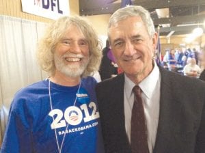 Denny FitzPatrick (left) of Grand Marais was pleased to have a chance to visit with Rick Nolan, the candidate endorsed at the 8th Congressional District DFL Convention on May 5 – 6 in Duluth. FitzPatrick will serve as a delegate at the Democratic National Convention this fall in Charlotte, North Carolina.