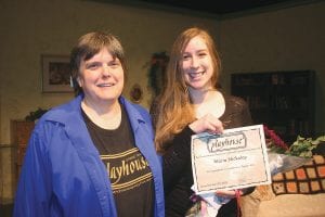 At the end of the run of the Grand Marais Playhouse production of Little Women, the director of the play, Maria Nickolay (right) was called onstage to receive the “Commitment to Excellence in Theater Arts” award. Maria, who has been a Playhouse intern for three summers, also received a $250 scholarship. She will be attending Northwestern University. Maria is shown with Playhouse Director Sue Hennessy.