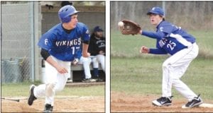 Above left: Wielding a Mauer-like bat, Gunnar Anderson smacked a single against McGregor. Above right: Showing good technique—looking the ball into his glove—Joe Borud makes a fine play at first base.