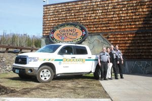 Grand Portage Lodge & Casino security staff have a new high-visibility vehicle to use to make their rounds. The new security truck is a 2012 Toyota Tundra, outfitted with lights and radio and clearly marked as a security vehicle. Some of the folks watching over the casino and other enterprises are (L-R) Officer Al MacDonald, Casino Manager Brian Mayotte, Security Chief Jack Freeman, Officer Tim Dalin.