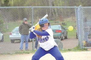 Above: Maddy Roy has been a force for the Vikings at the plate this season. Here she gets ready to pound out a single against. Left: Showing great batting form, Sarah Deschampe gets ready for the pitch at the Floodwood game.