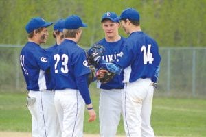 Viking players gather to discuss possible plays and strategies in their game against Barnum. (L-R) Kale Boomer, Thomas Anderson, behind Kale is Joe Borud, Jacob Schroeder and Mike Sjogren.