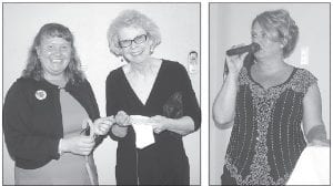 Above left: Birch Grove Teacher Natalie Shaw had fun selling chances in the raffle for many wonderful items. Linda Lamb of Schroeder bought a few. Above right: Birch Grove Community School Director Diane Blanchard was emcee for the evening, before turning the microphone over to auctioneer Bill Hansen. Blanchard made sure everyone had a good time. The Gala for the Grove is the Birch Grove Community Schools only fundraiser.