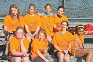 2012 USTA Jr. Team Tennis Stripes (MS/HS girls) Division - (L-R, back) Alicia Smith, Lauren Thompson, Alyssa Martinson and Wellesley Howard-Larsen. (L-R, front) Molly Sietsema, Emily Fincel, Marin Hay and Molly Thomas. Not pictured: Brenna Hay, Zoey Anderson, Madysen McKeever and Melanie Smith.