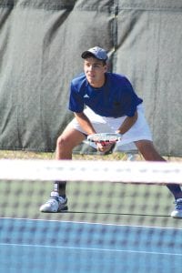 In a recent home match David Bergstrom showed the concentration he needed to advance to his second individual state tennis tournament held on June 7 at Reed- Sweatt Tennis Center in Minneapolis. Bergstrom won one match and lost two at state. He will play tennis in college next for the University of North Dakota.