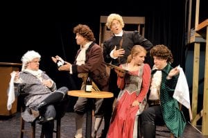 Opening at the Grand Marais Playhouse on July 26 is The Beaux Stratagem. Some of the cast of scoundrels and oddball characters are (L-R) David Warren, Jeff Fenwick, Mike DeBevec, Katrina Axtell and Jackson Nickolay.